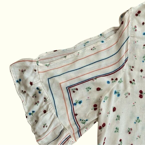 Democracy Peplum Flounce Split Sleeve Embroidered Placket Front Printed Top Sz L - Picture 3 of 8